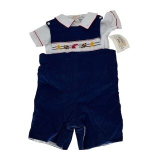 NEW Anavini hand smocked boys football romper navy blue corduroy Size 2T